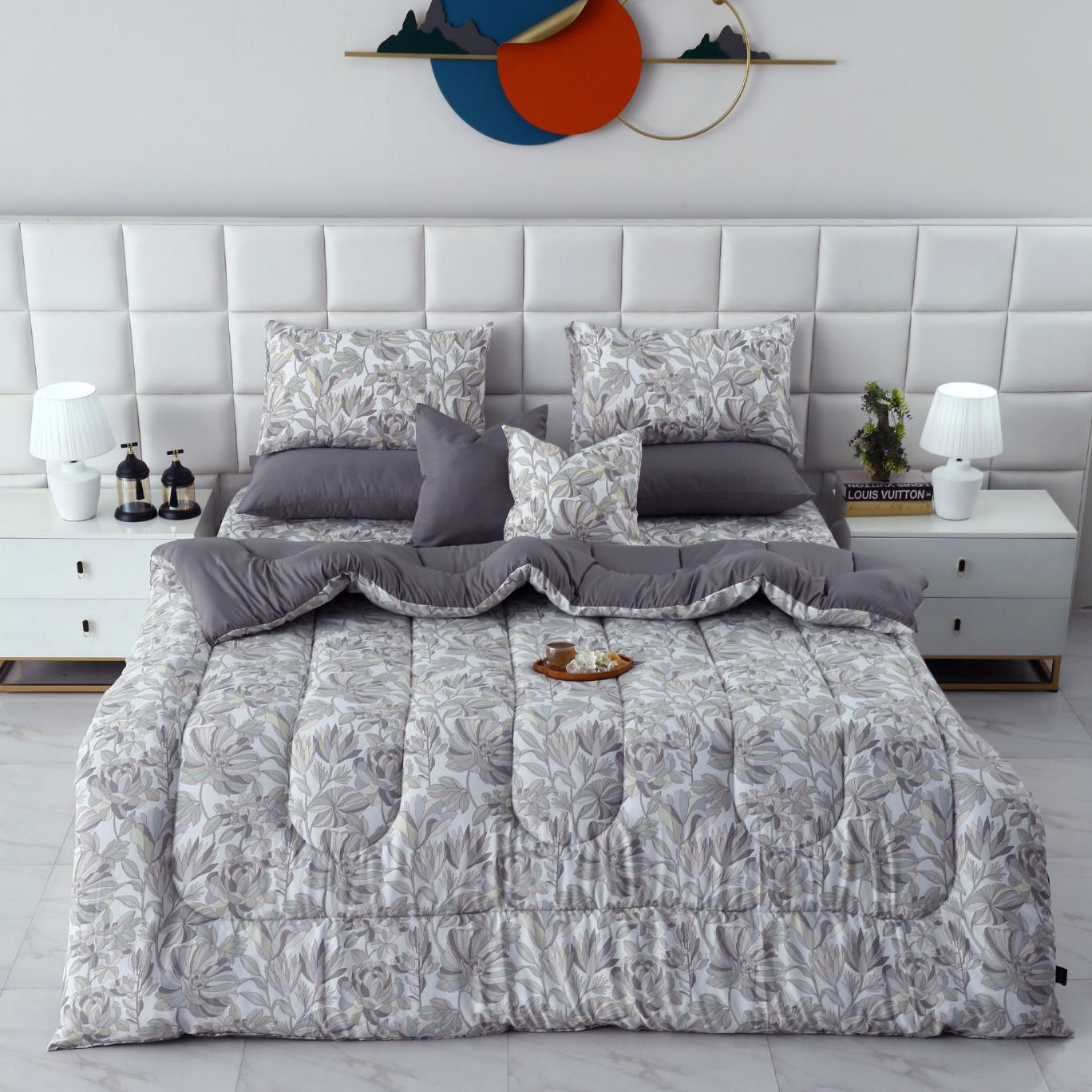 8 PCs Winter Razai Set-Buds Floral(With Pastel Grey Reverse) Comforters Apricot