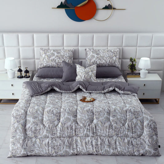 8 PCs Winter Razai Set-Buds Floral(With Pastel Grey Reverse) Comforters Apricot