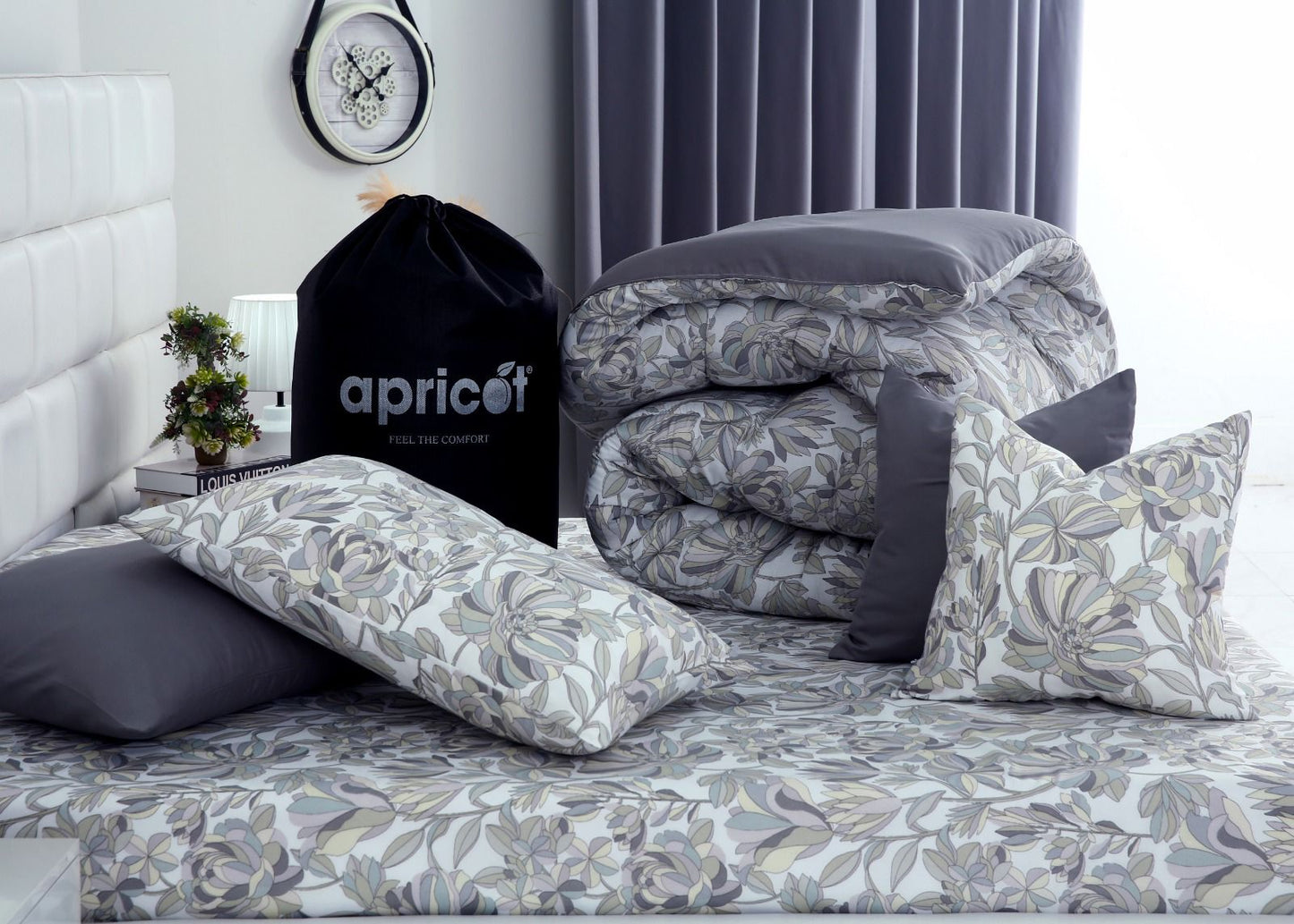 8 PCs Winter Razai Set-Buds Floral(With Pastel Grey Reverse) Comforters Apricot