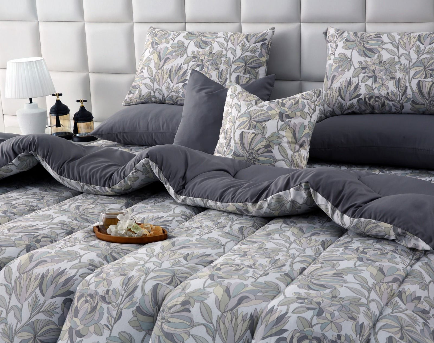 8 PCs Winter Razai Set-Buds Floral(With Pastel Grey Reverse) Comforters Apricot