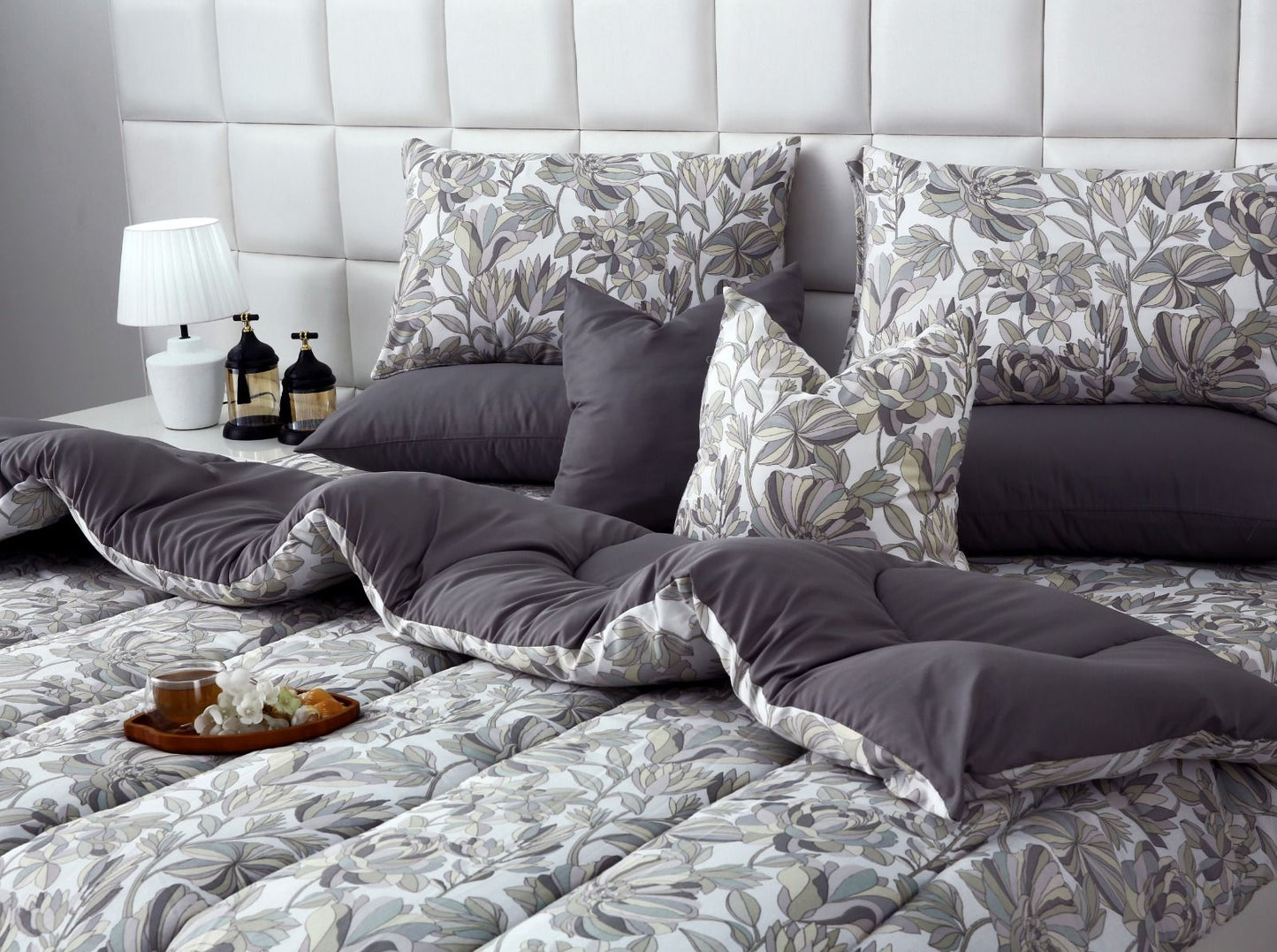 8 PCs Winter Razai Set-Buds Floral(With Pastel Grey Reverse) Comforters Apricot