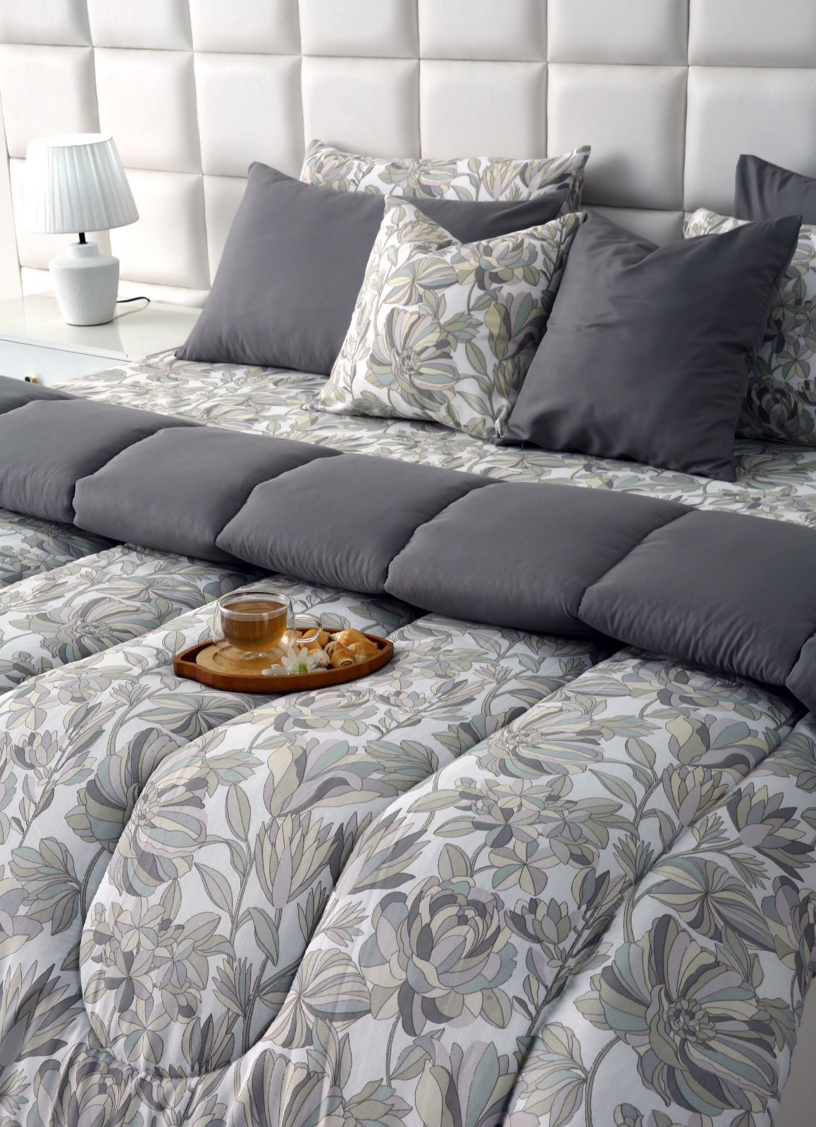 8 PCs Winter Razai Set-Buds Floral(With Pastel Grey Reverse) Comforters Apricot