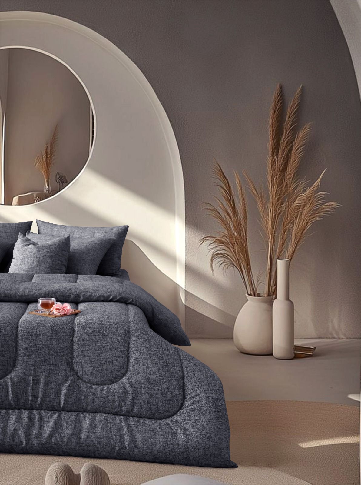 8 PCs Winter Razai Set-Grey Texture Comforters Apricot