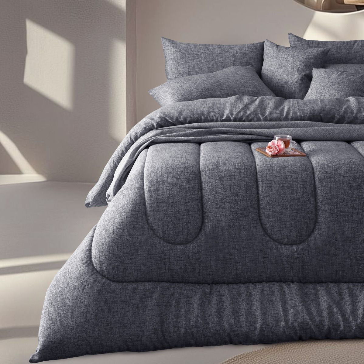 8 PCs Winter Razai Set-Grey Texture Comforters Apricot