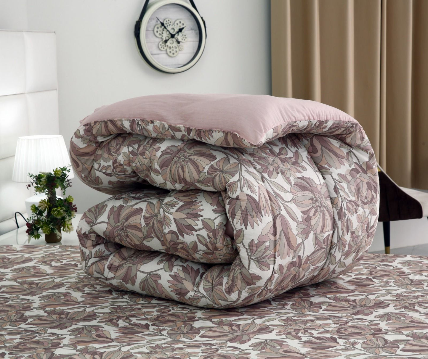 1 PC Single Razai-Buds Floral(With Pastel Pink Reverse) Comforters Apricot