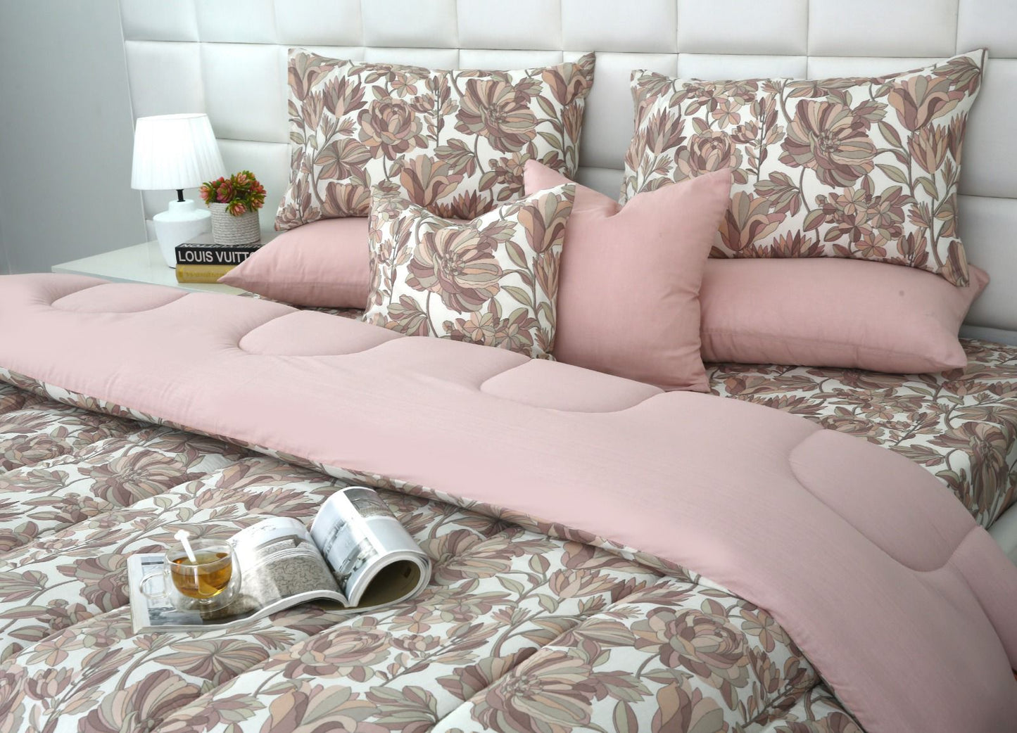 8 PCs Winter Razai Set-Buds Floral(With Pastel Pink Reverse) Comforters Apricot
