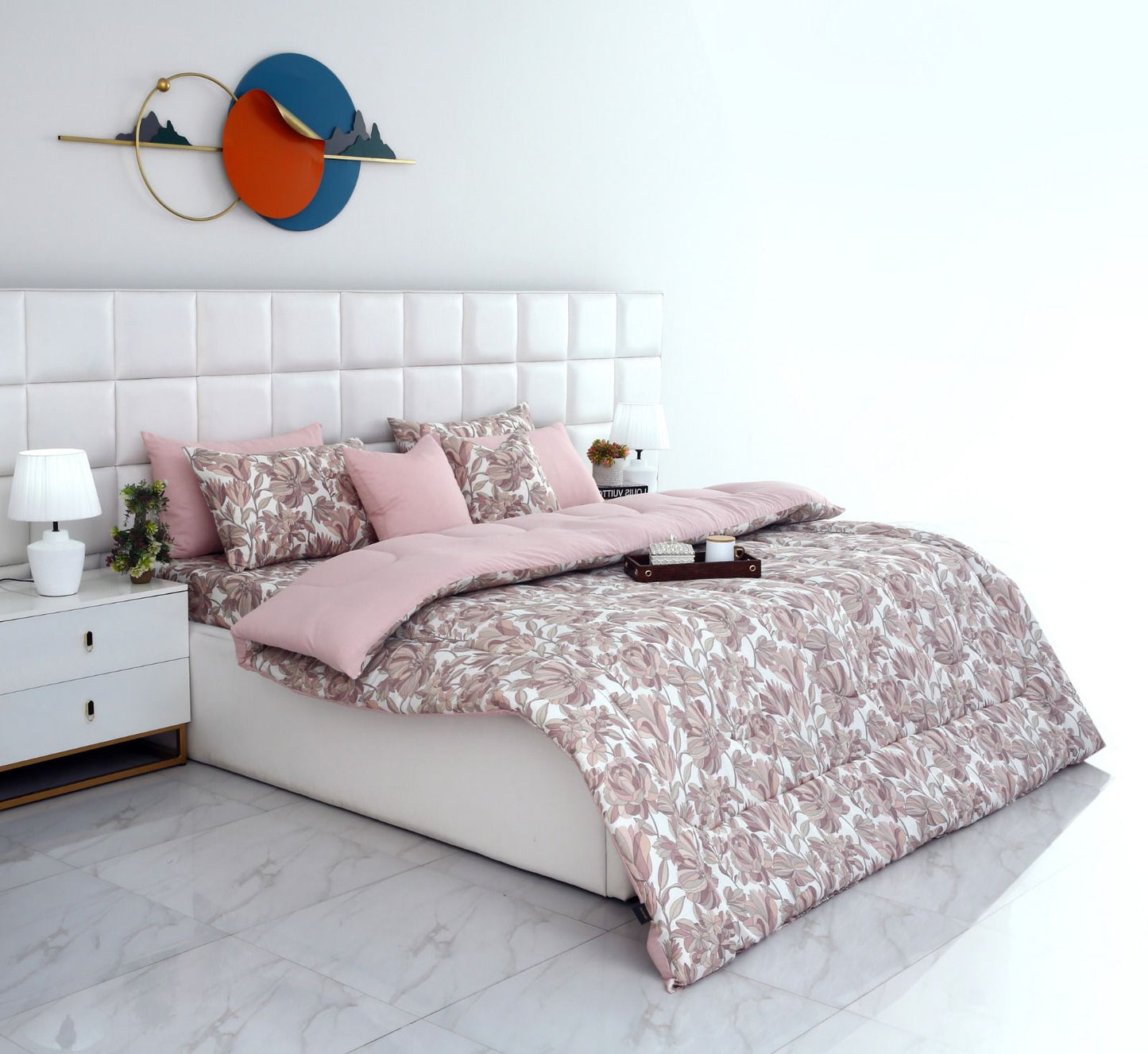8 PCs Winter Razai Set-Buds Floral(With Pastel Pink Reverse) Comforters Apricot