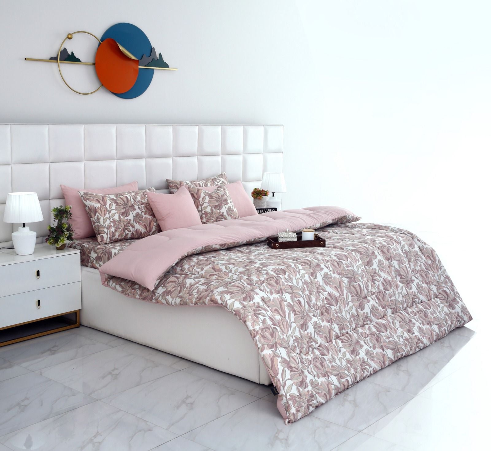 8 PCs Winter Razai Set-Buds Floral(With Pastel Pink Reverse) Comforters Apricot
