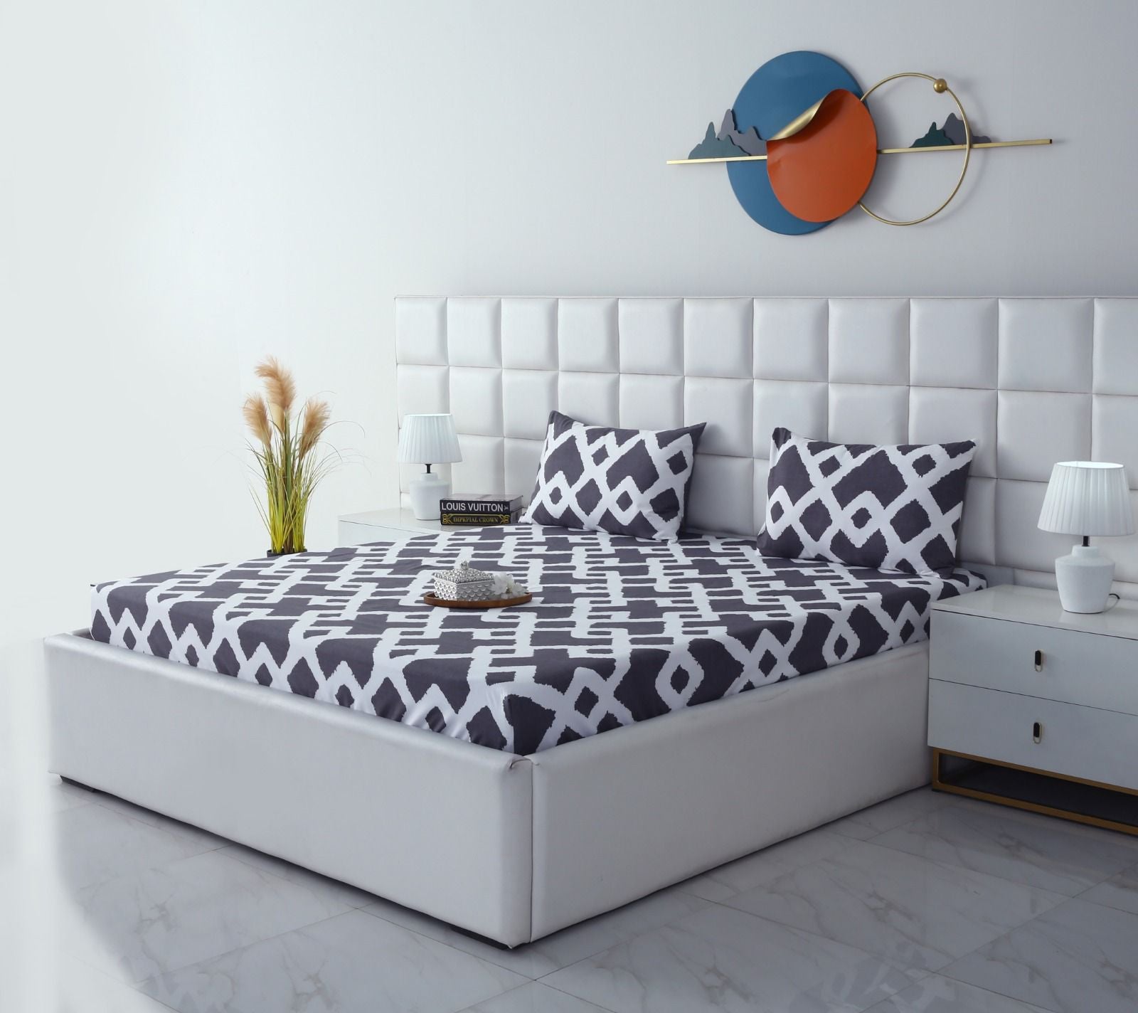 Fitted Bed Sheet-Geometric Patterned Fitted Sheets Apricot