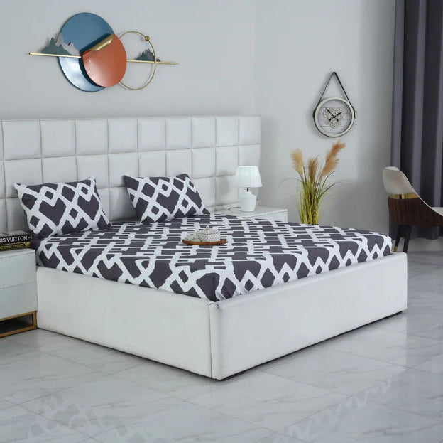 3 PCs Double Bed Sheet- Grey Diamond BED SHEET Apricot