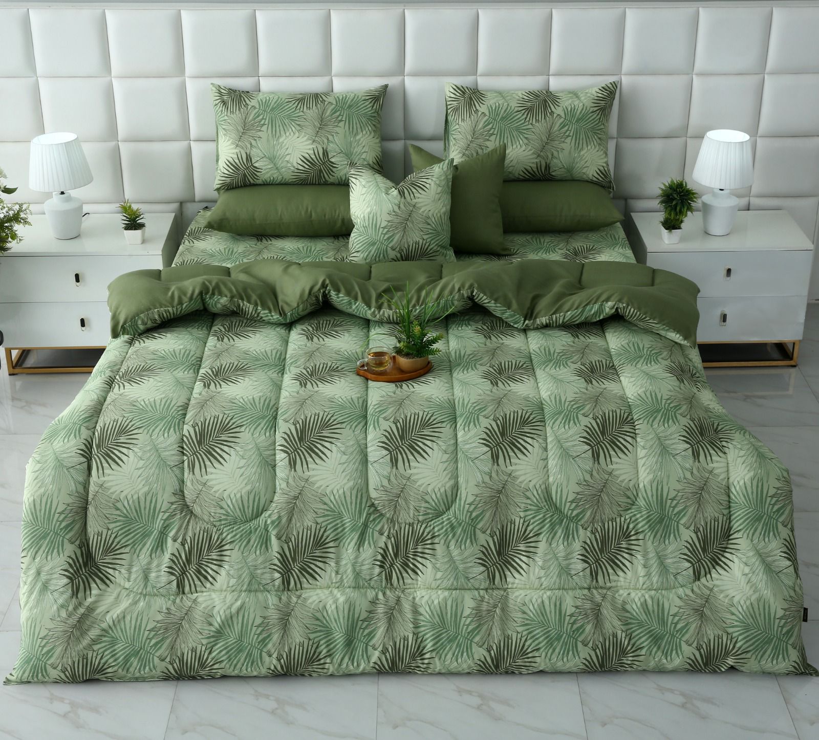 8 PCs Winter Razai Set-Palmy Jungle Comforters Apricot