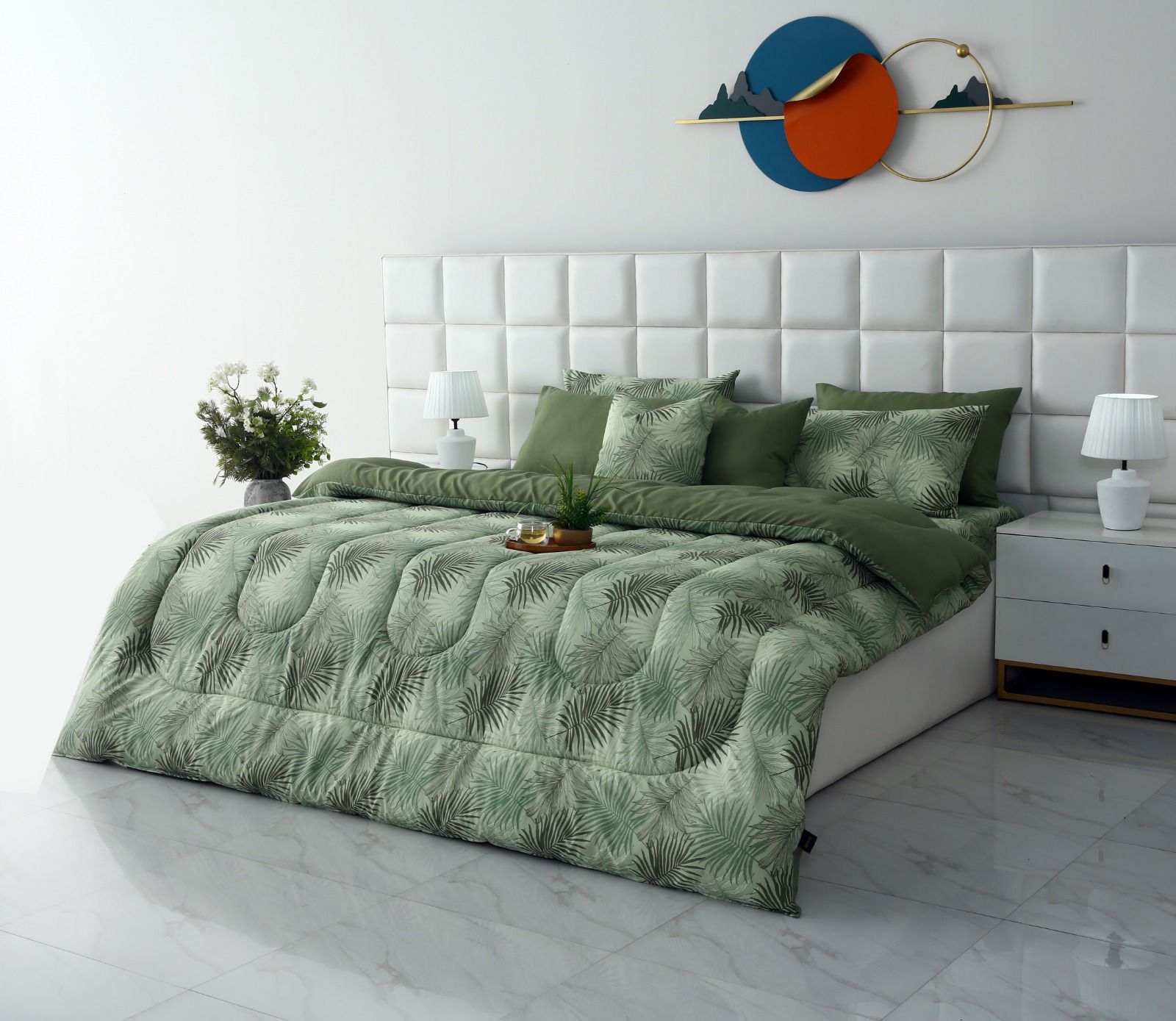 8 PCs Winter Razai Set-Palmy Jungle Comforters Apricot