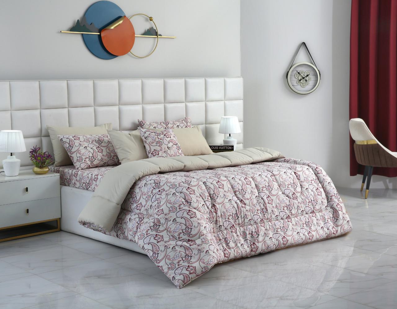 8 PCs Winter Razai Set-Pink Paisley Comforters Apricot