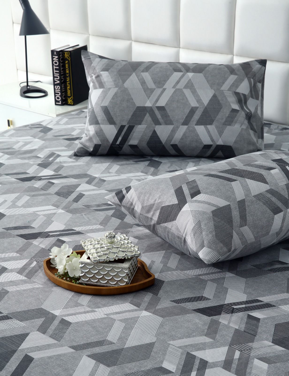 Fitted Bed Sheet-Grey Triangles Fitted Sheets Apricot