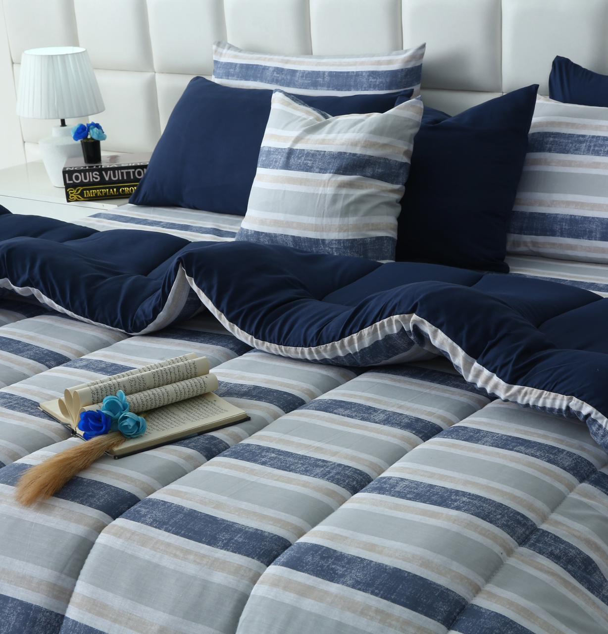 8 PCs Winter Razai Set-Chase Stripe Comforters Apricot