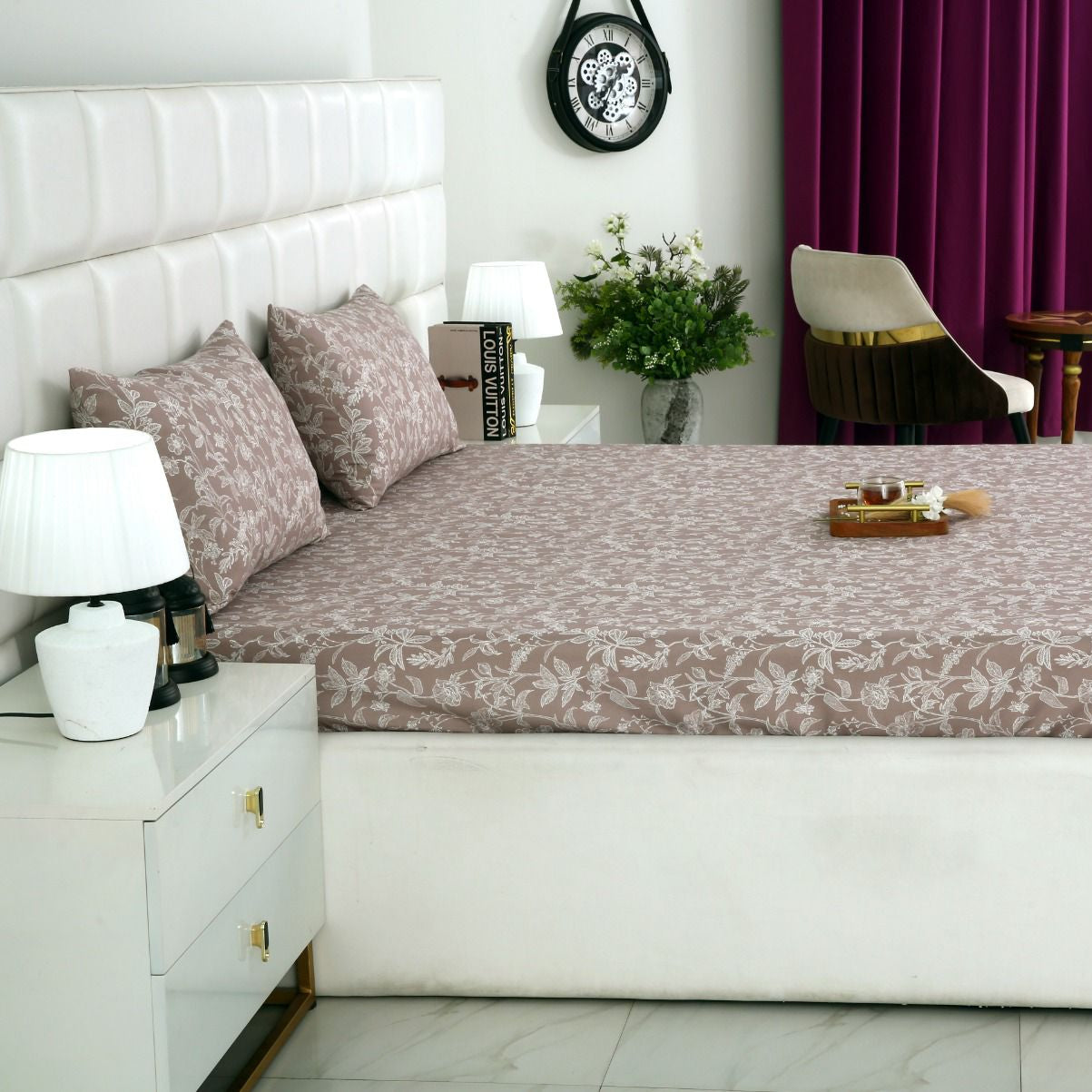 3 PCs Bed Sheet-White Peonies BED SHEET Apricot