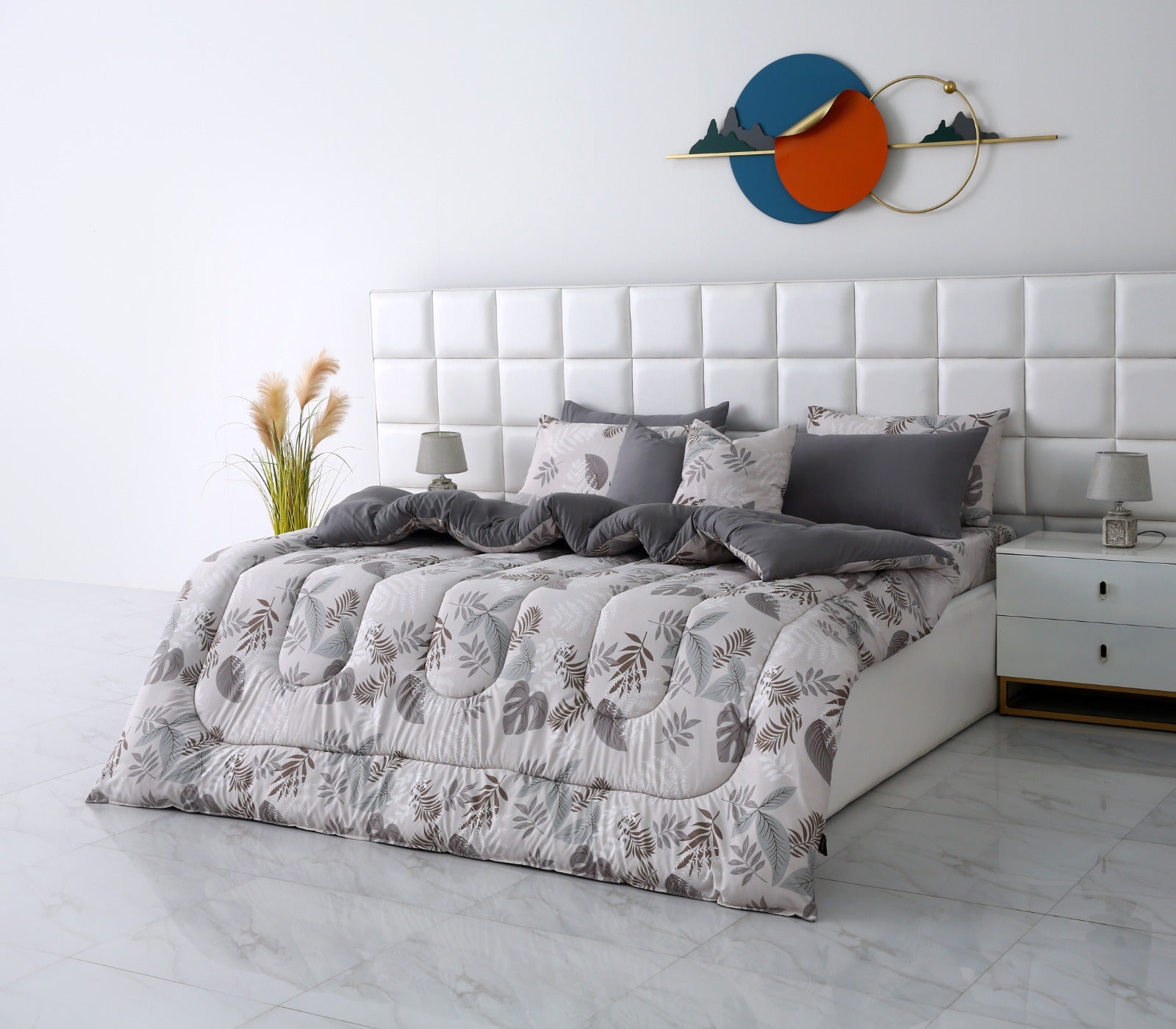 8 PCs Winter Razai Set-Leaf Style(With Grey Reverse) Comforters Apricot