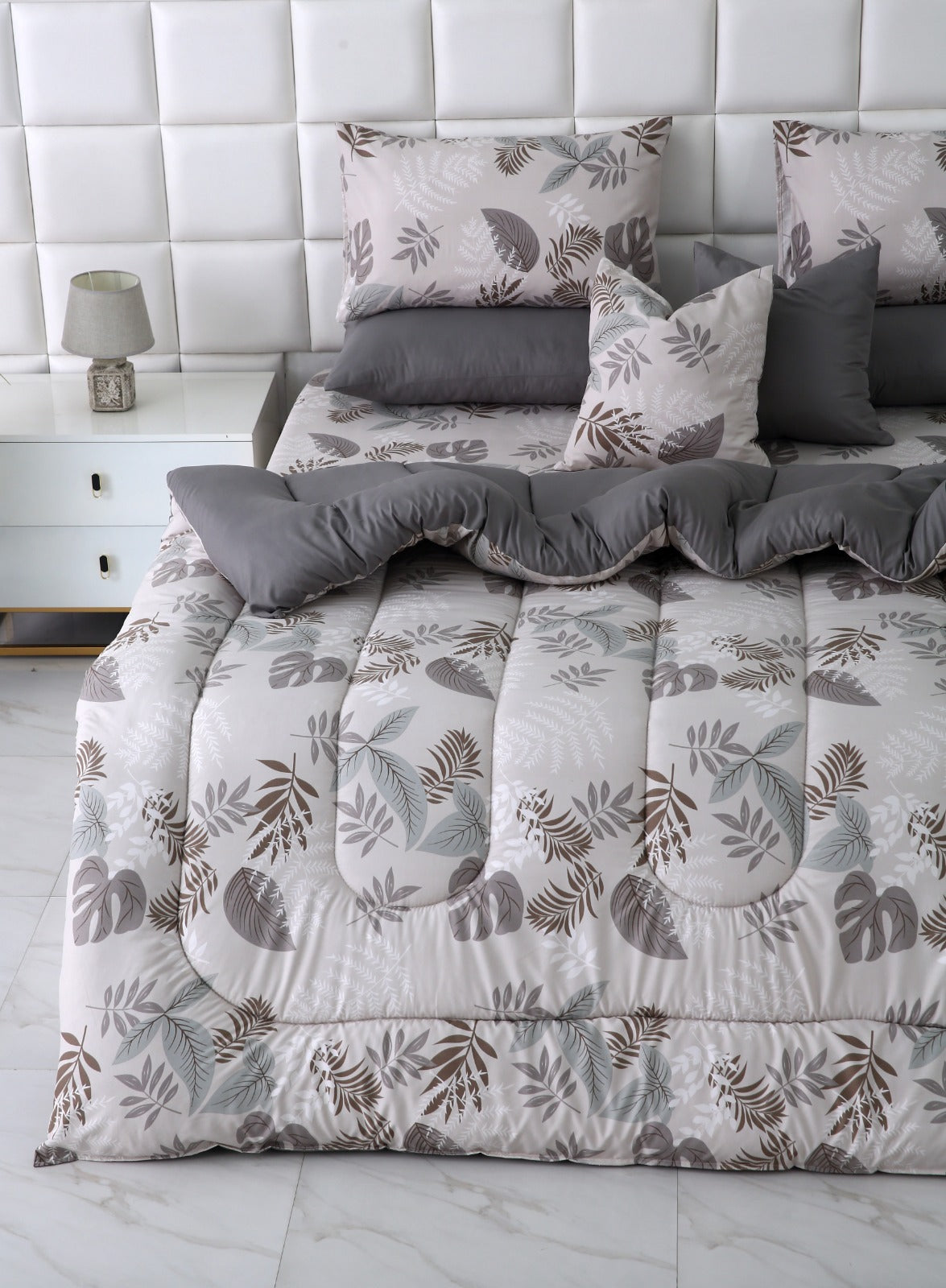 8 PCs Winter Razai Set-Leaf Style(With Grey Reverse) Comforters Apricot