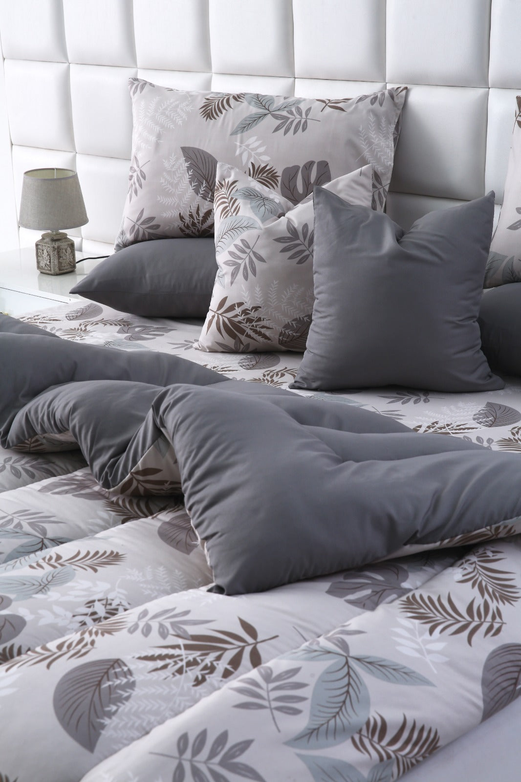 8 PCs Winter Razai Set-Leaf Style(With Grey Reverse) Comforters Apricot