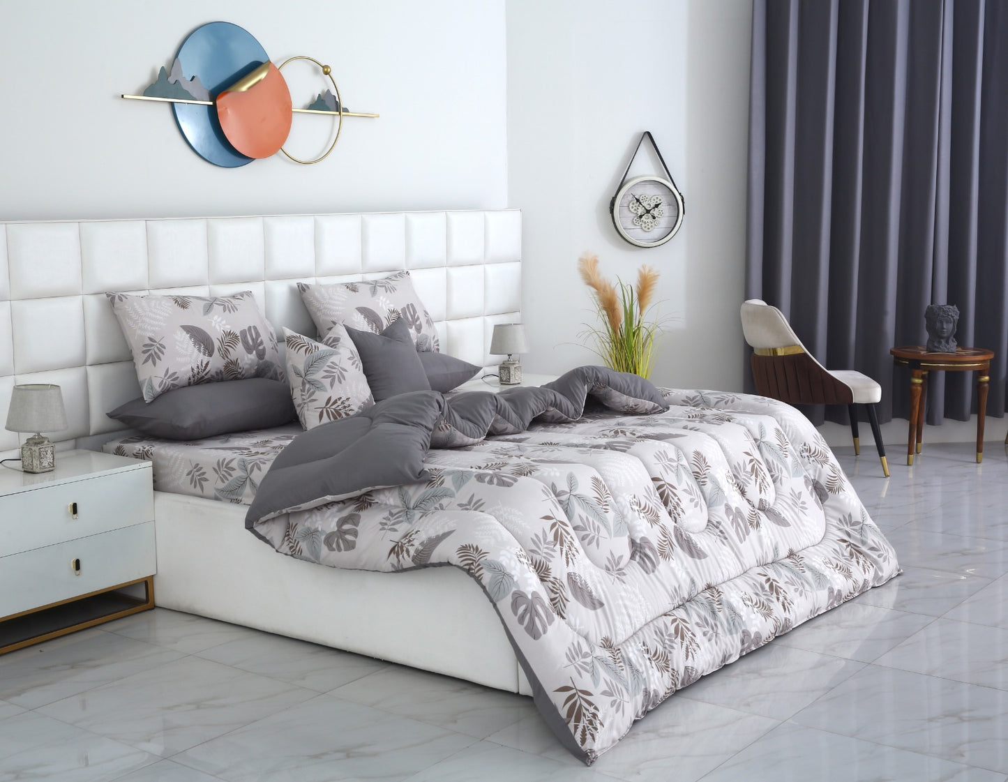 8 PCs Winter Razai Set-Leaf Style(With Grey Reverse) Comforters Apricot