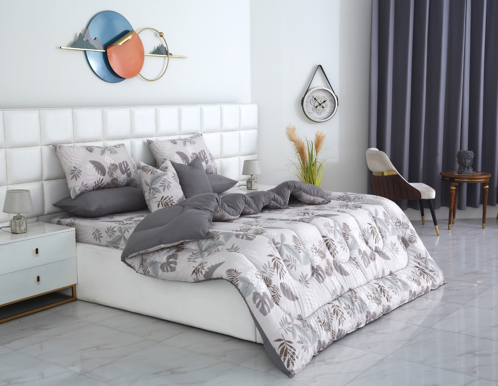 8 PCs Winter Razai Set-Leaf Style(With Grey Reverse) Comforters Apricot