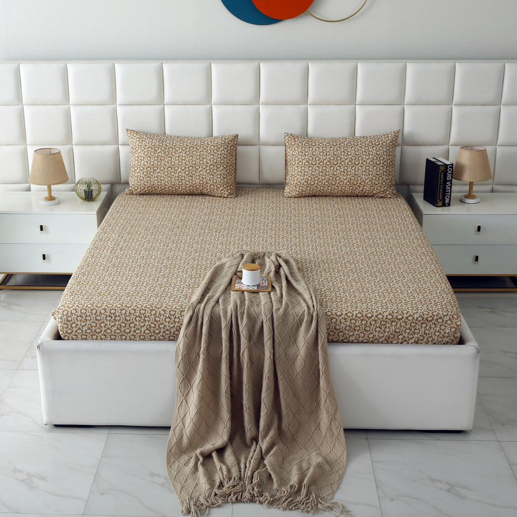 Fitted Bed Sheet-Ecru Flowers Fitted Sheets Apricot