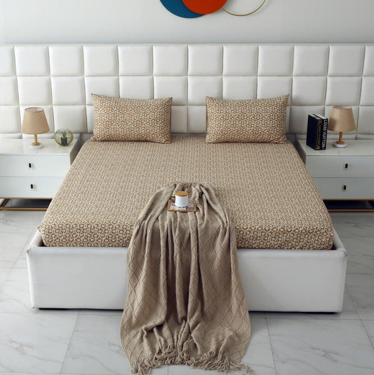 Fitted Bed Sheet-Ecru Flowers Fitted Sheets Apricot