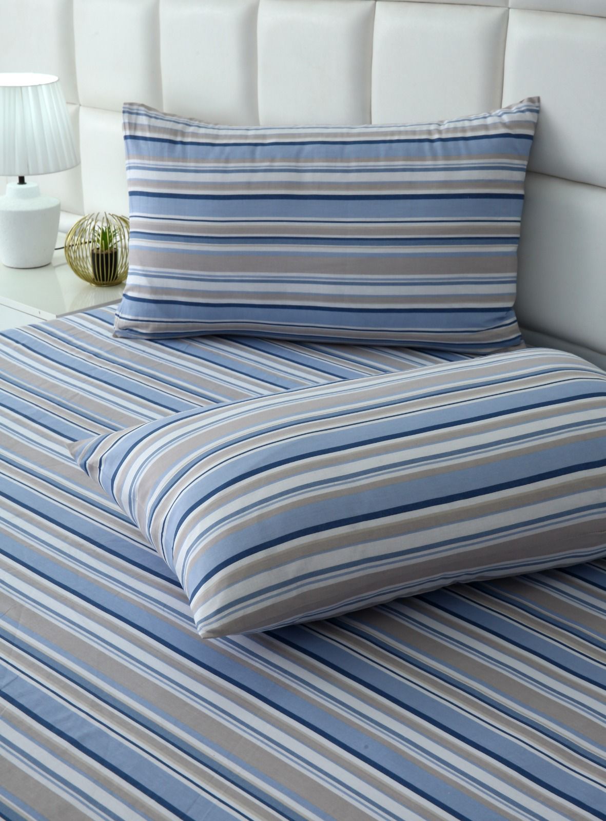 Fitted Bed Sheet-Petrol Stripes Fitted Sheets Apricot