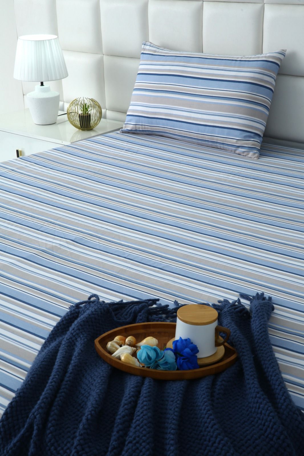 Fitted Bed Sheet-Petrol Stripes Fitted Sheets Apricot