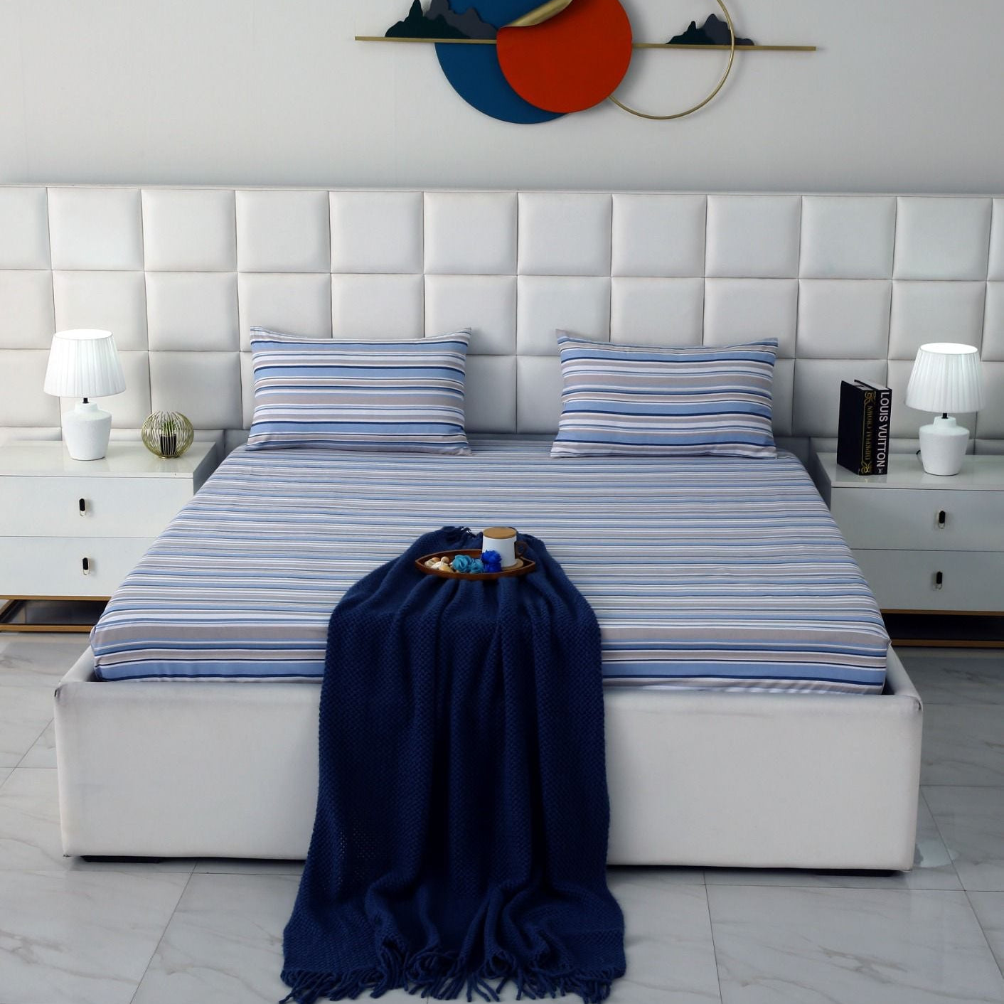 Fitted Bed Sheet-Petrol Stripes Fitted Sheets Apricot