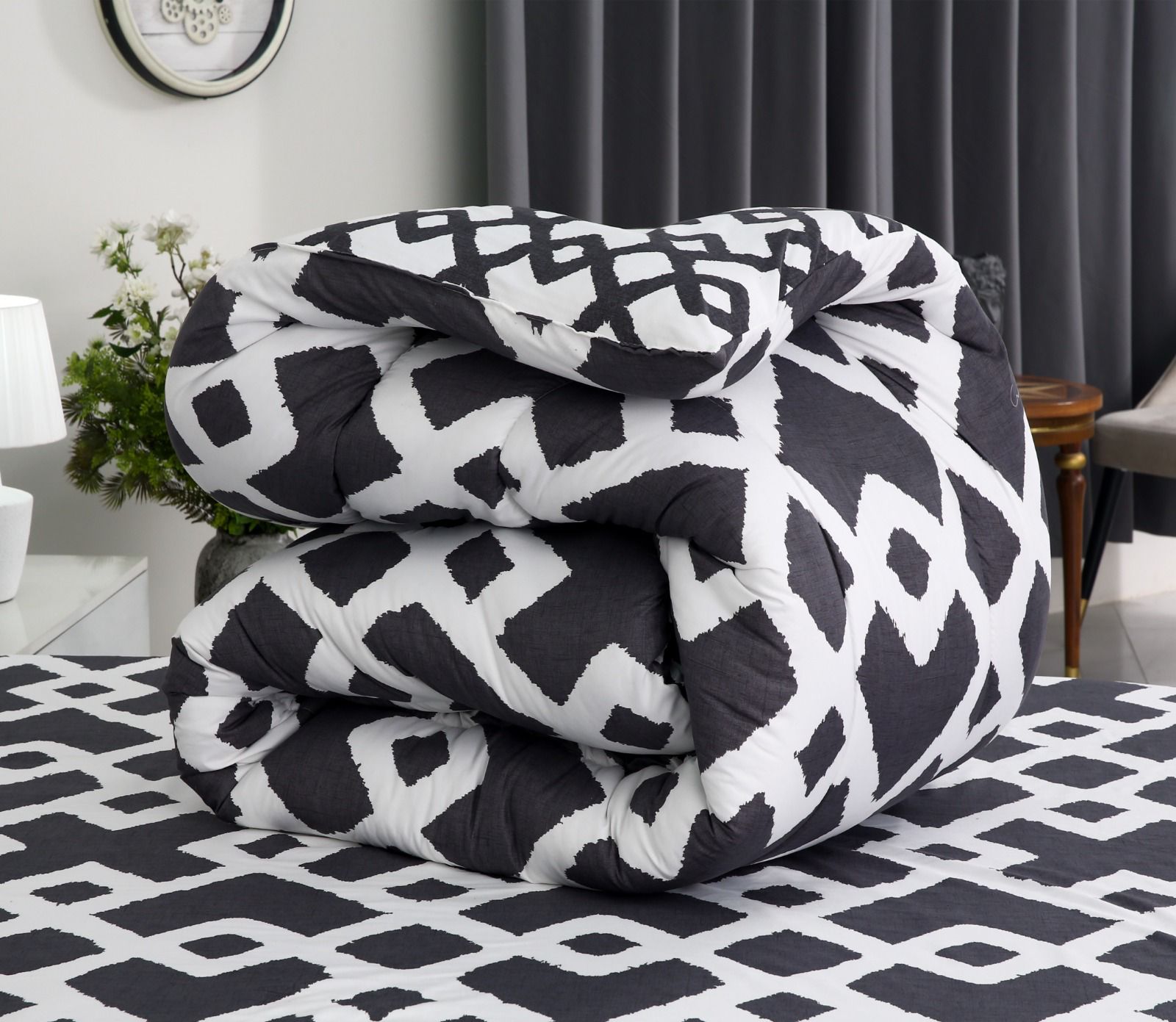 8 PCs Winter Razai Set-Grey Diamond Comforters Apricot