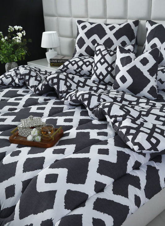 8 PCs Winter Razai Set-Grey Diamond Comforters Apricot