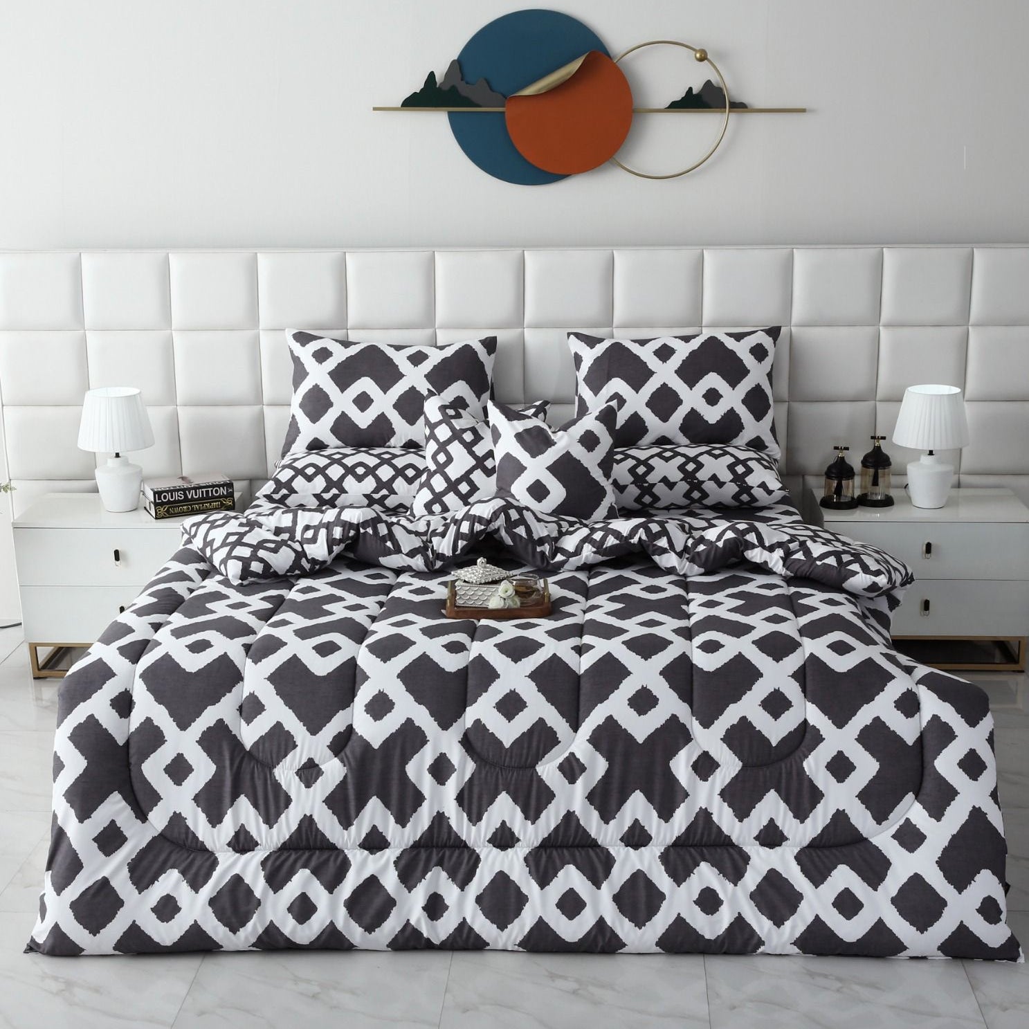 8 PCs Winter Razai Set-Grey Diamond Comforters Apricot