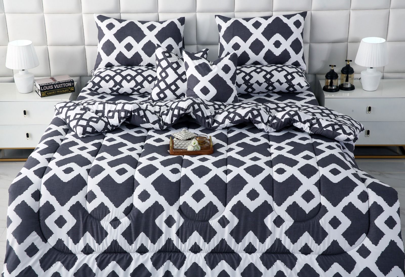 8 PCs Winter Razai Set-Grey Diamond Comforters Apricot