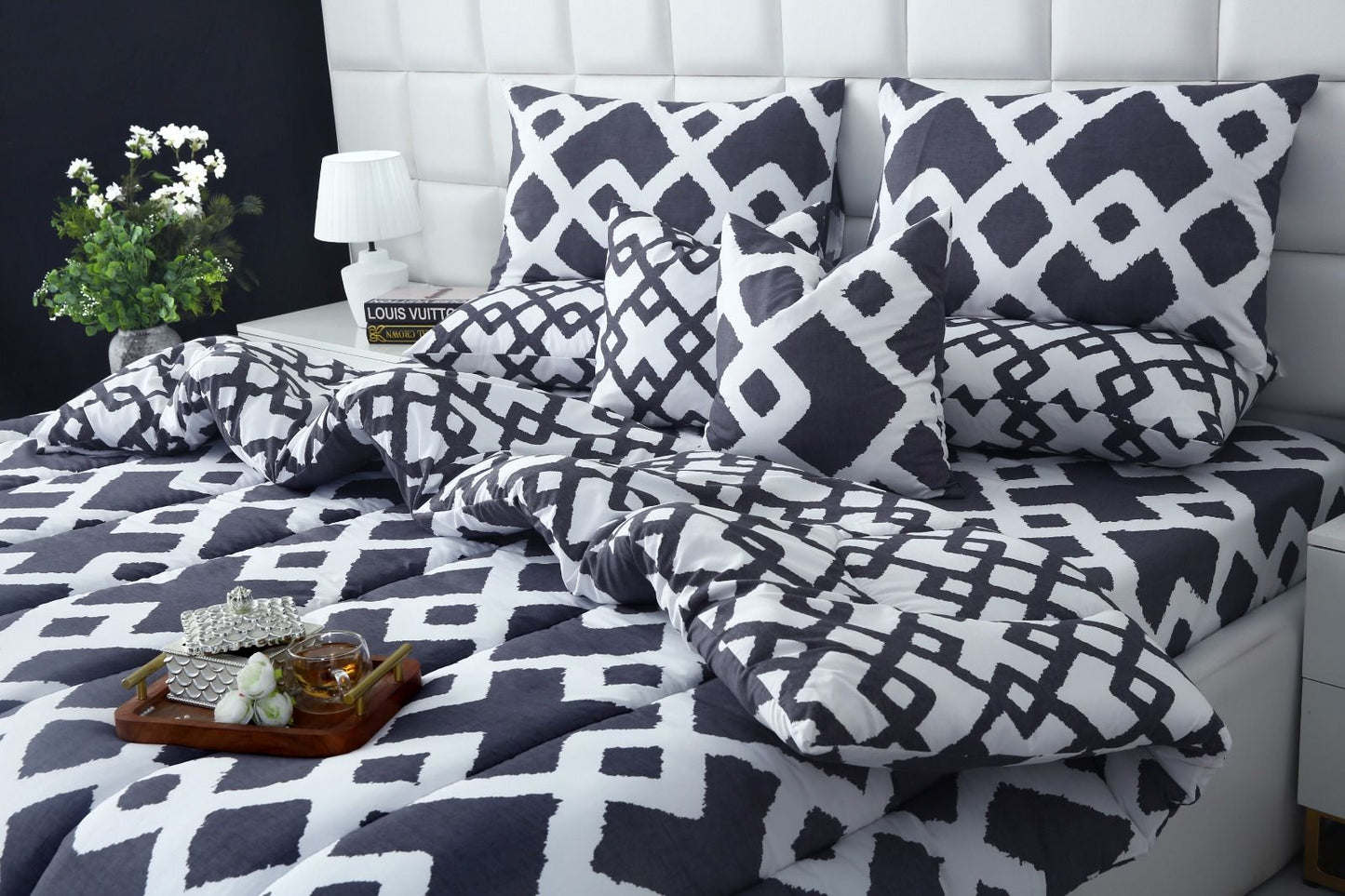 8 PCs Winter Razai Set-Grey Diamond Comforters Apricot