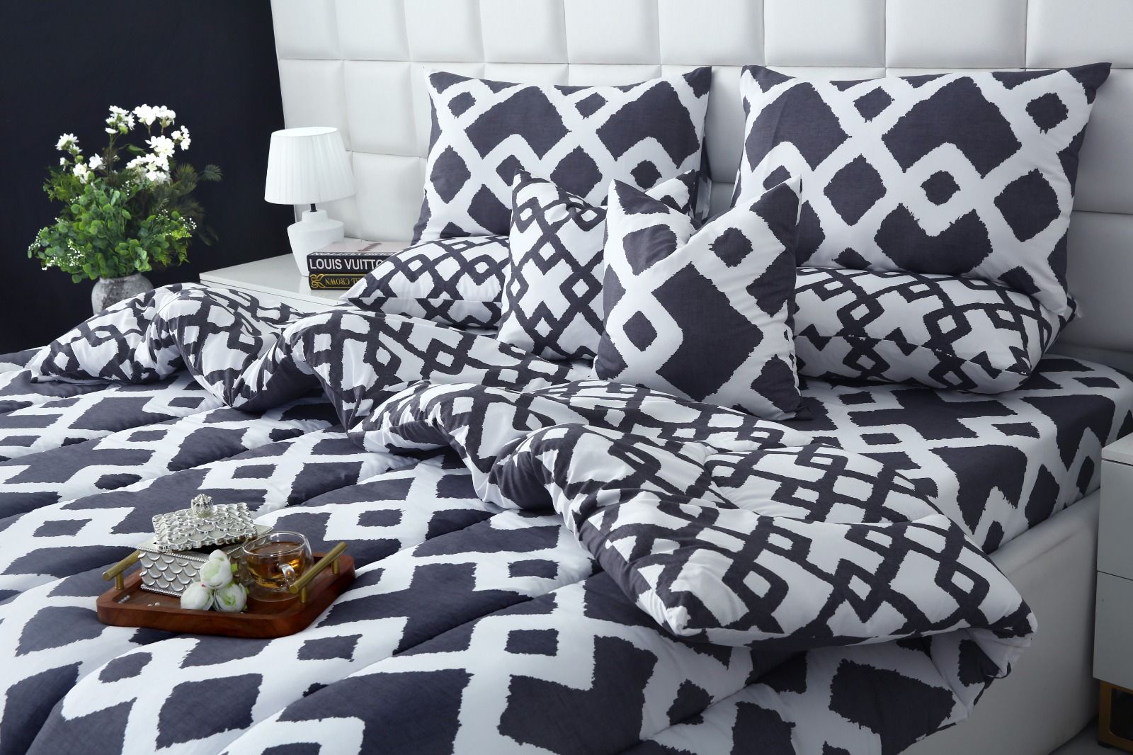 8 PCs Winter Razai Set-Grey Diamond Comforters Apricot