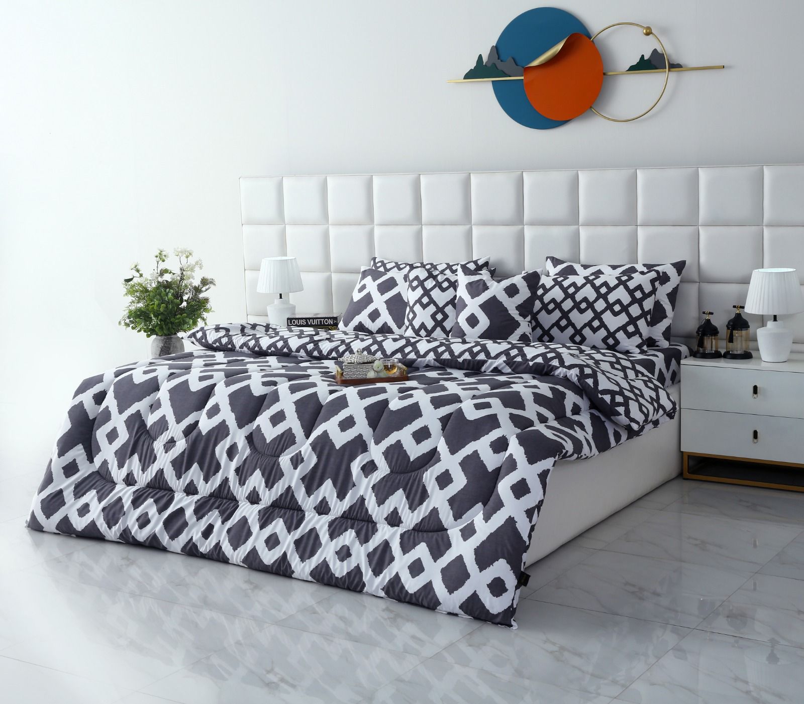 8 PCs Winter Razai Set-Grey Diamond Comforters Apricot