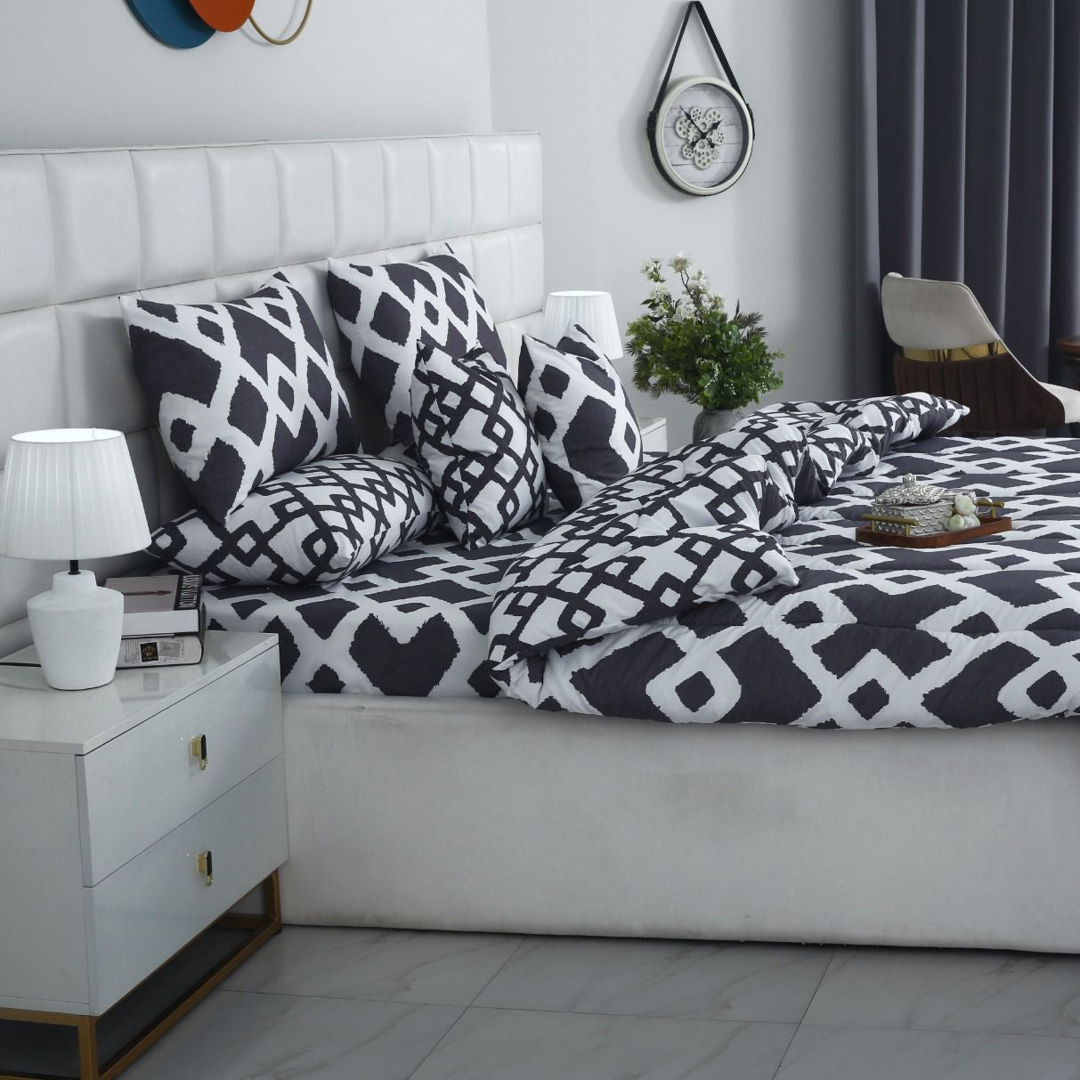 8 PCs Winter Razai Set-Grey Diamond Comforters Apricot