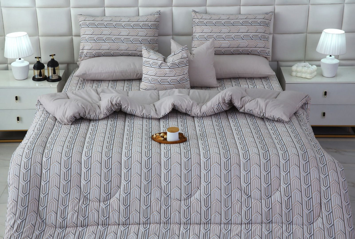 8 PCs Winter Razai Set-Beige Shapes Comforters Apricot