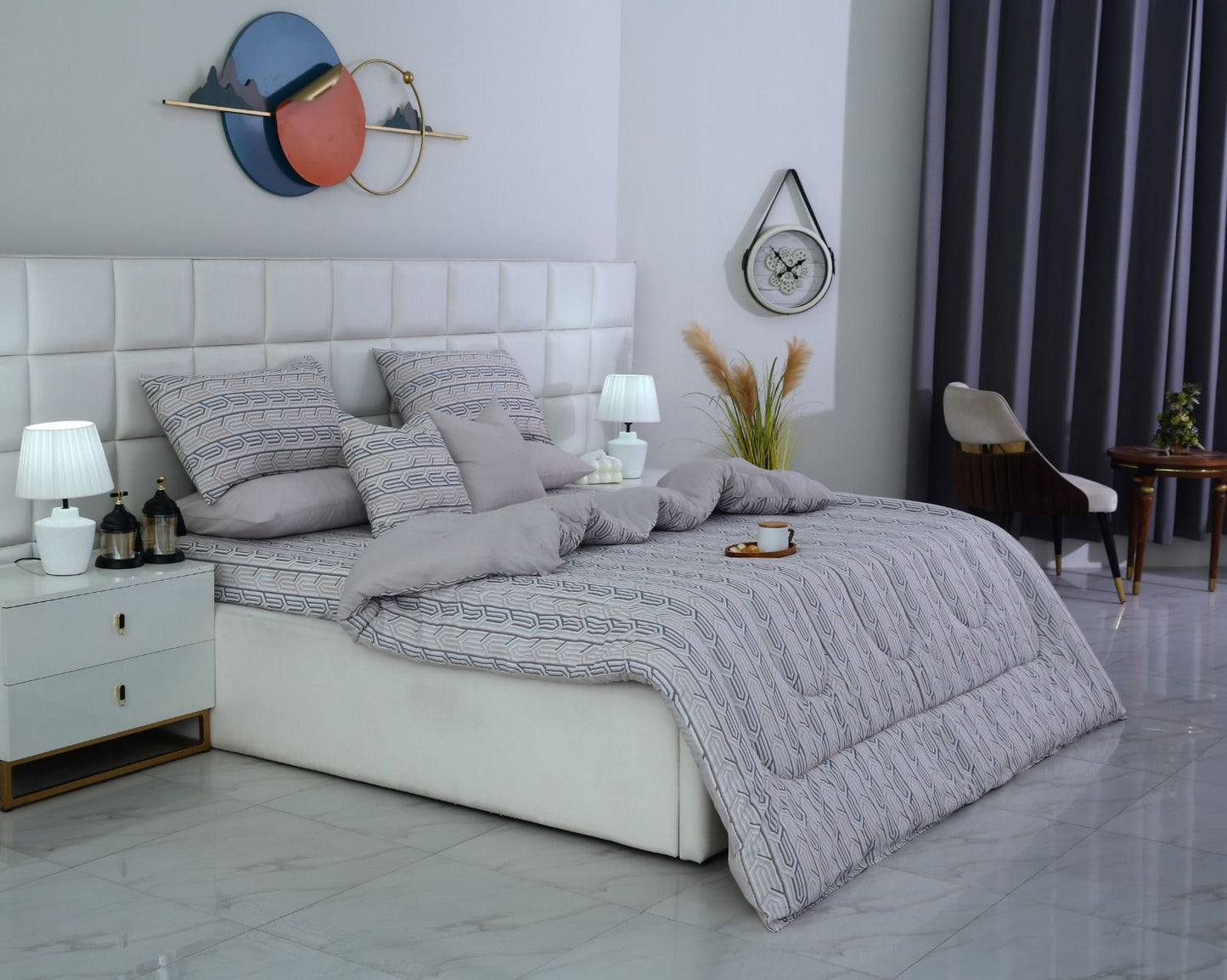 8 PCs Winter Razai Set-Beige Shapes Comforters Apricot