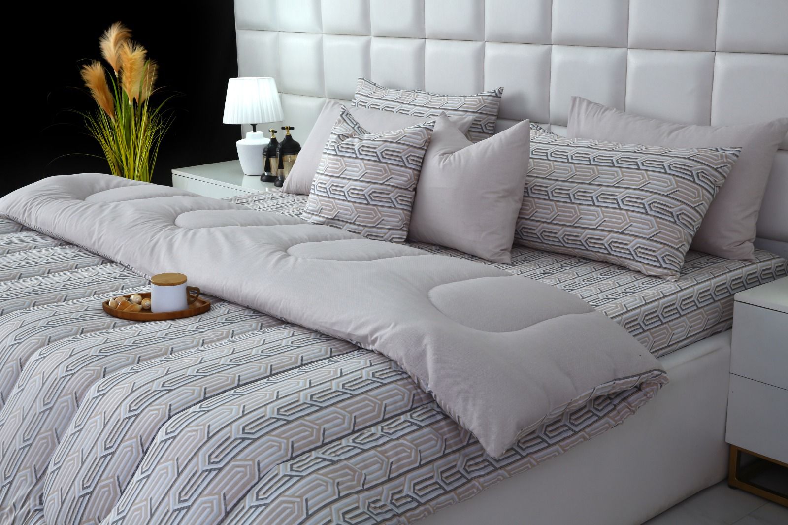 8 PCs Winter Razai Set-Beige Shapes Comforters Apricot