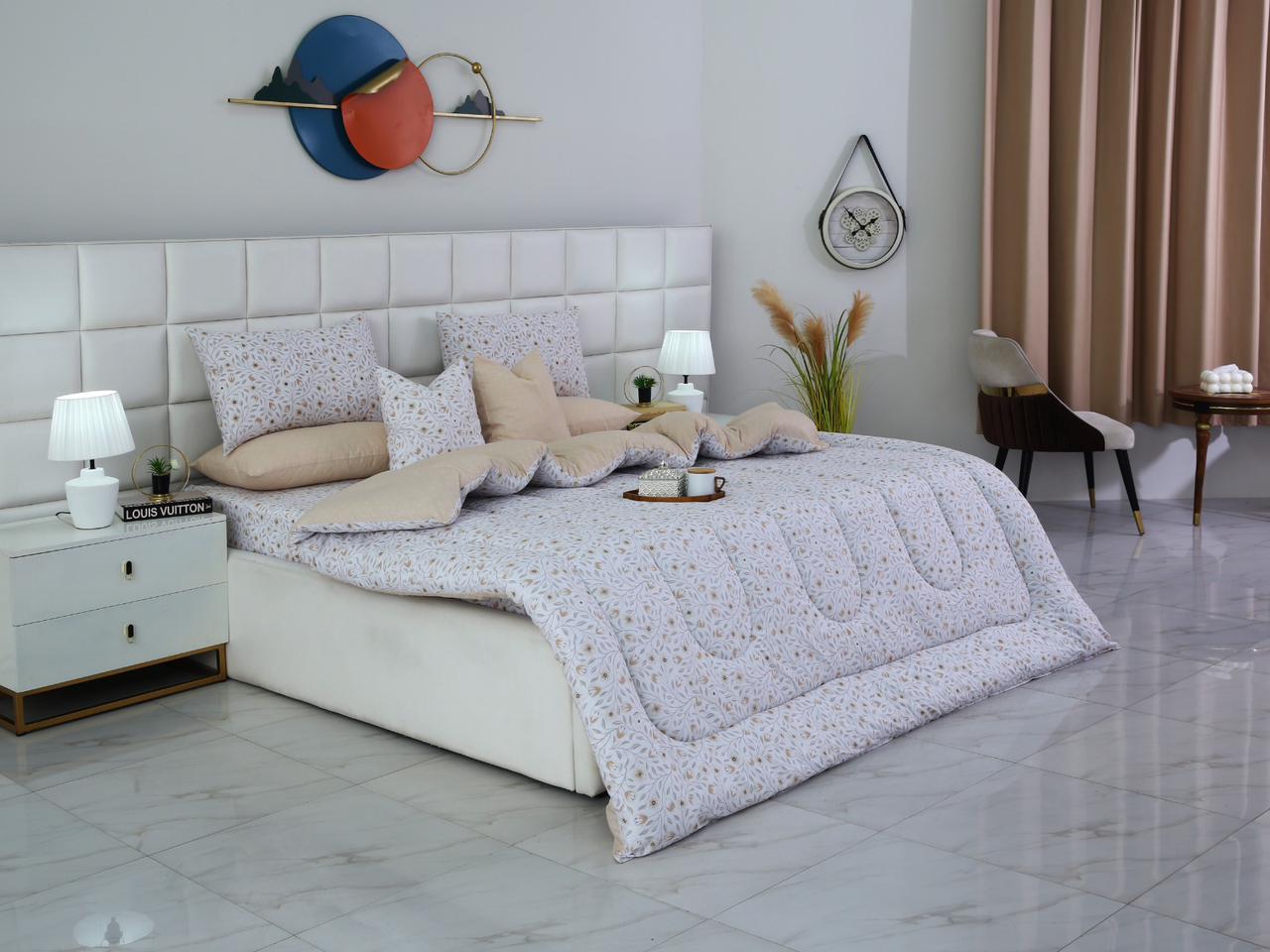 8 PCs Winter Razai Set-Corsage Flower Comforters Apricot