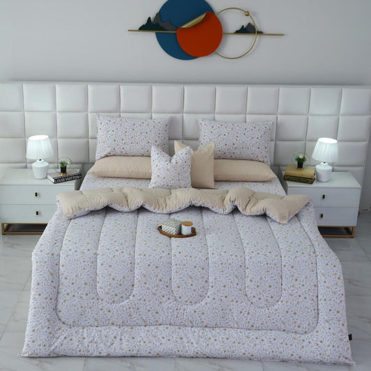 8 PCs Winter Razai Set-Corsage Flower Comforters Apricot