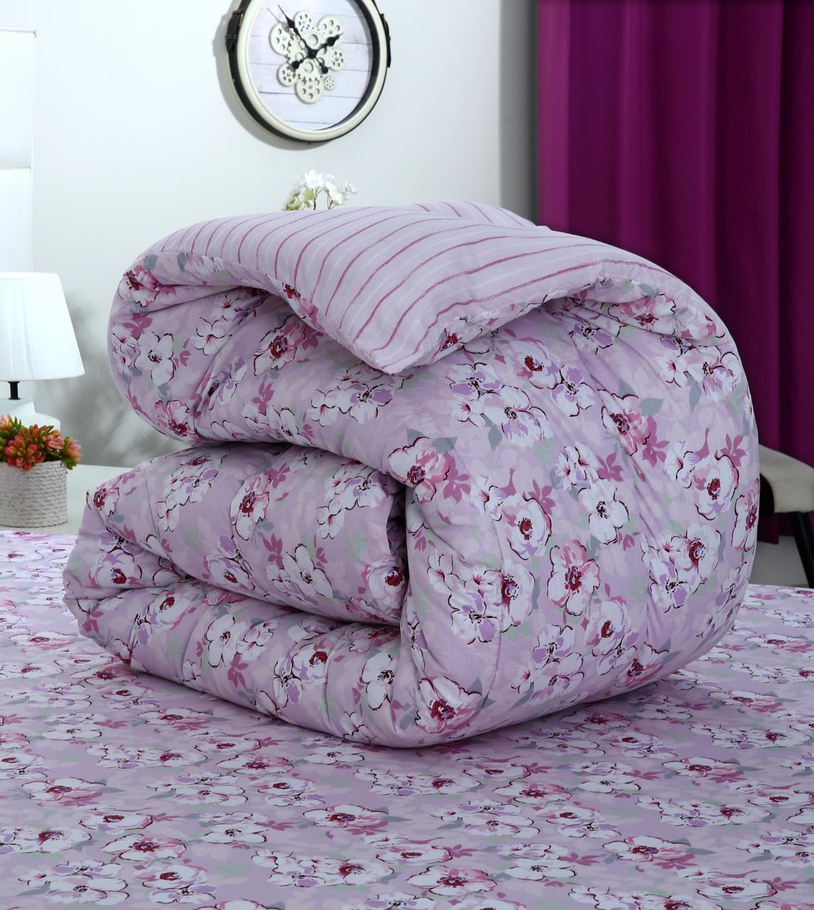 8 PCs Winter Razai Set-Lilac Flowers Comforters Apricot