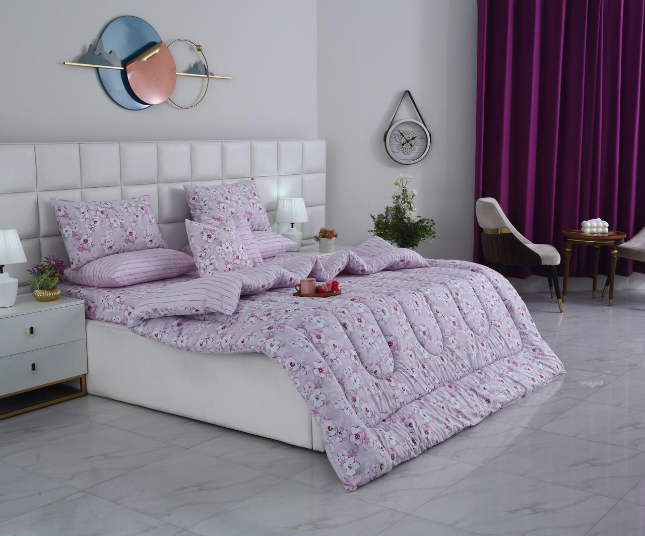 8 PCs Winter Razai Set-Lilac Flowers Comforters Apricot