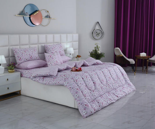 8 PCs Winter Razai Set-Lilac Flowers Comforters Apricot