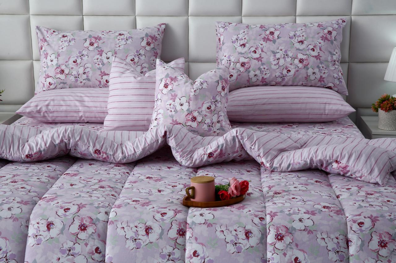 8 PCs Winter Razai Set-Lilac Flowers Comforters Apricot