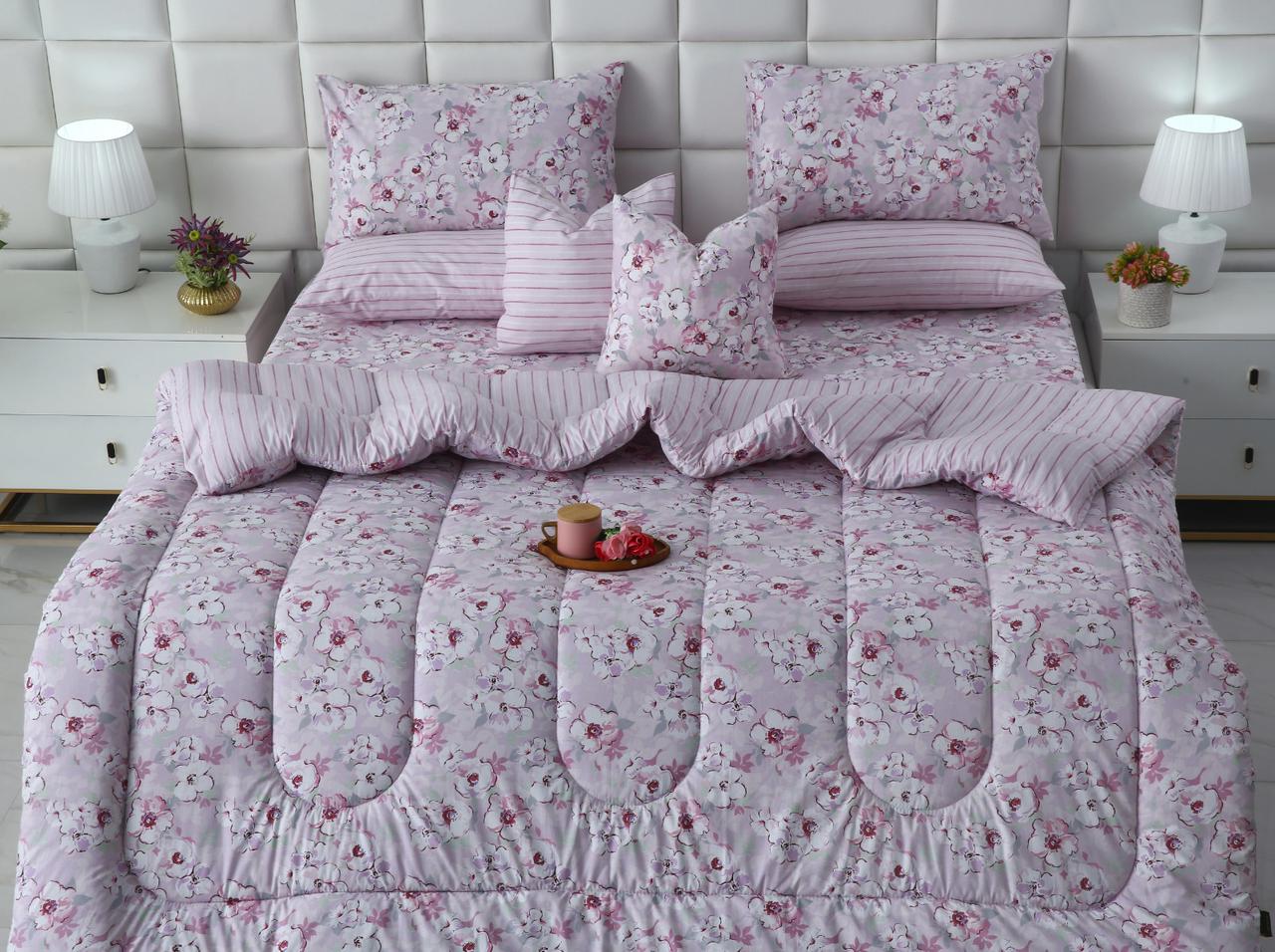 8 PCs Winter Razai Set-Lilac Flowers Comforters Apricot