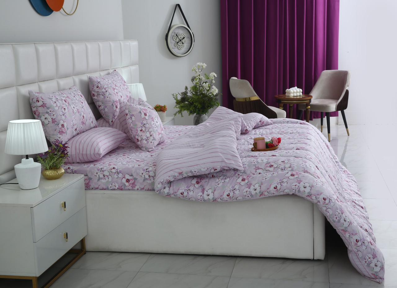 8 PCs Winter Razai Set-Lilac Flowers Comforters Apricot