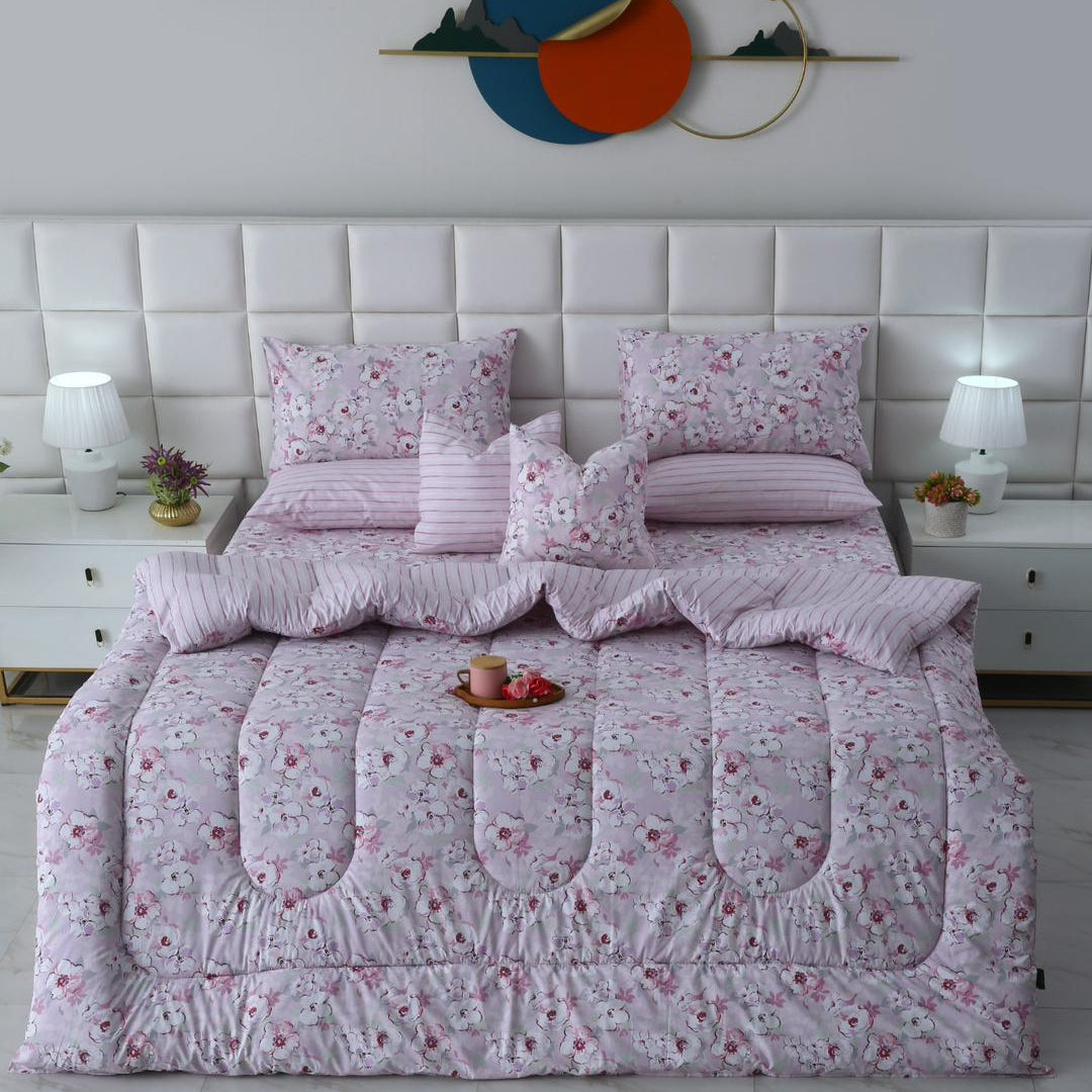 8 PCs Winter Razai Set-Lilac Flowers Comforters Apricot